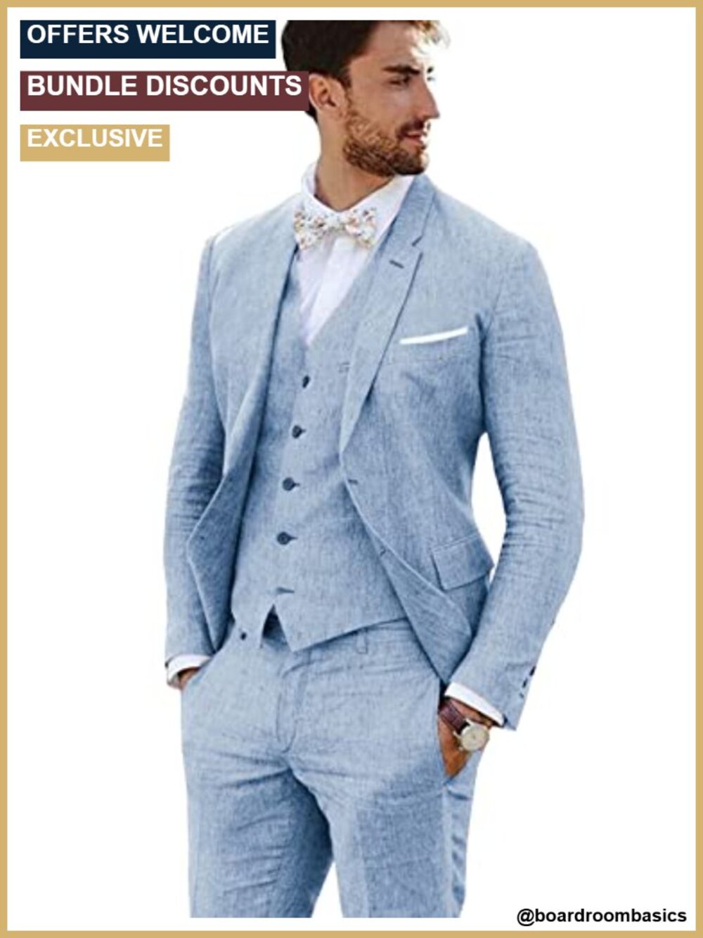Men Linen Suit 3 Piece Slim Fit Tuxedo Wedding Business
